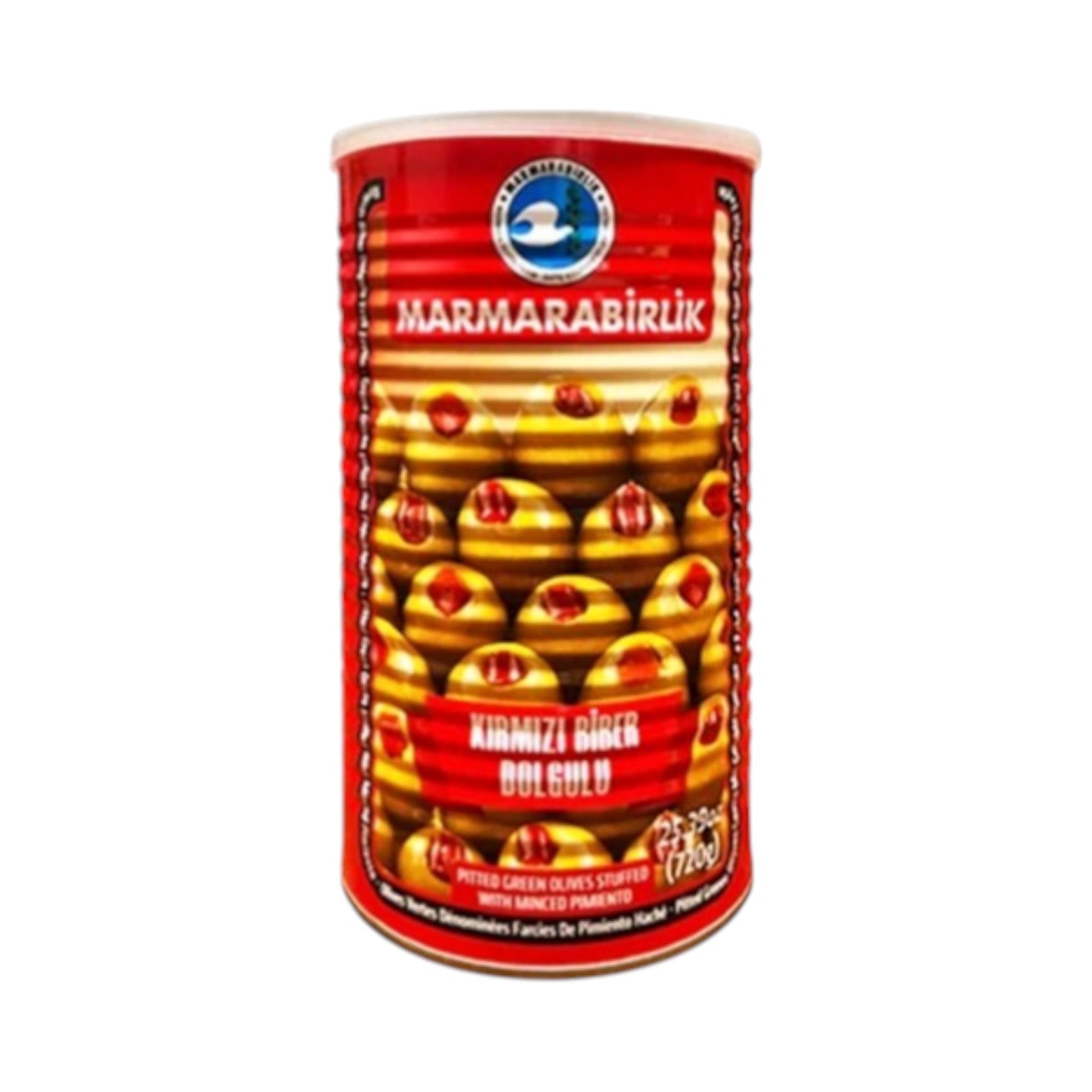 Bakkal Marmarabirlik pitted green olives stuffed with minced pimento in a 720g can.